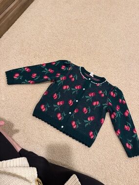 Vintage Dark Green Cardigan with Pink Floral Knit